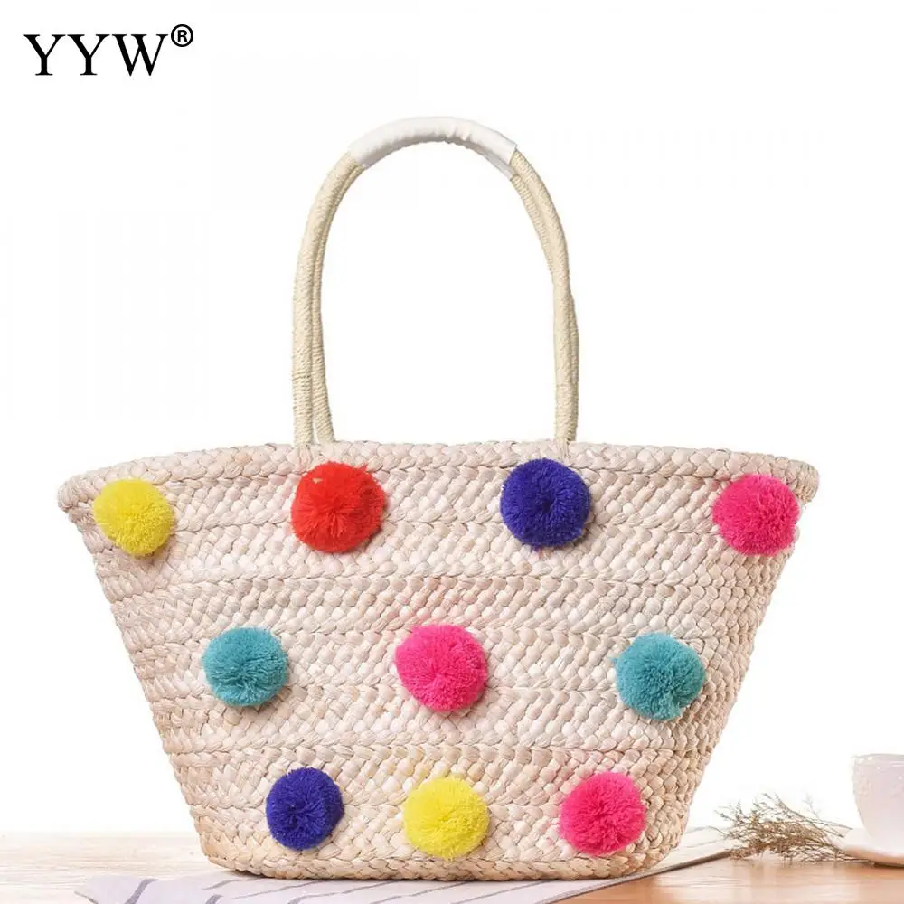 دلو أعلى-حقائب بيد للنساء 2018 الروطان النسيج حقيبة شاطئية مع الفراء الكرة المرأة حقائب البوهيمي الإناث حمل أكياس مصمم