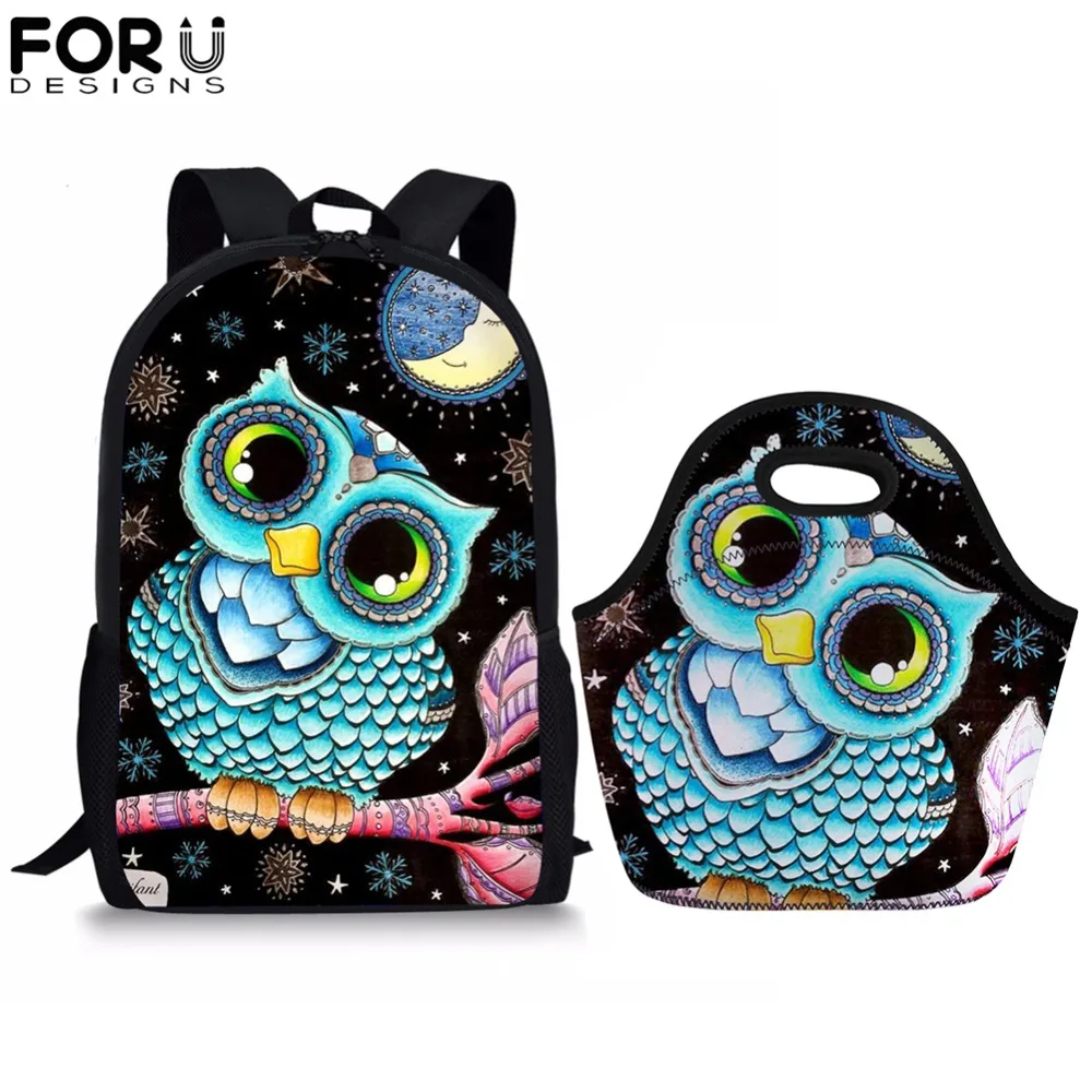 

FORUDESIGNS School Bags 2pcs/set Owl Printeing Orthopedic Backpack for Girls Boys Book Bag Teenagers Students Rucksack Mochilas
