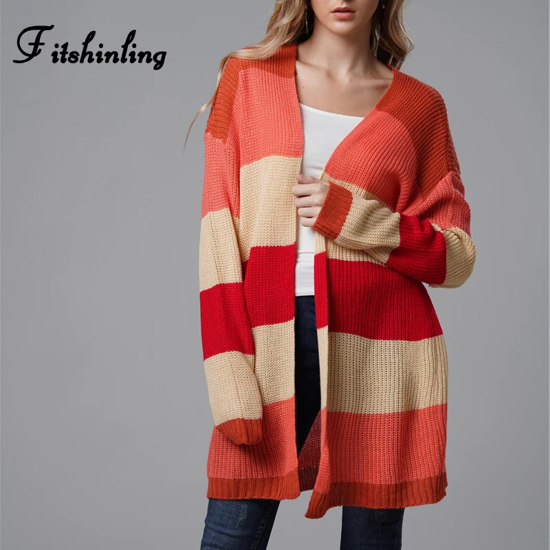 

Fitshinling Rainbow striped cardigans sweaters for women clothing knitwear colorful fashion slim winter female long cardigan new