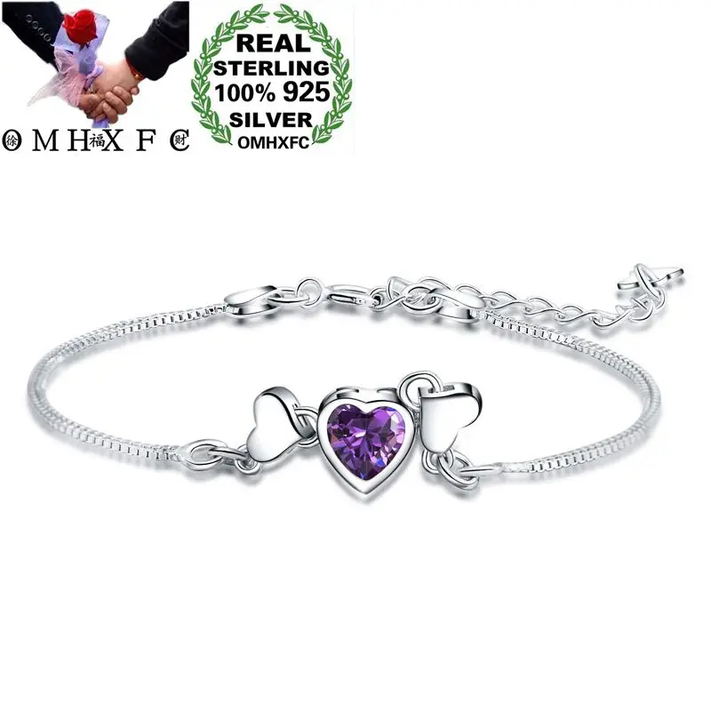 

OMHXFC Wholesale European Fashion Woman Girl Party Birthday Wedding Purple Heart Zircon 100% S925 Sterling Silver Bracelet BC18