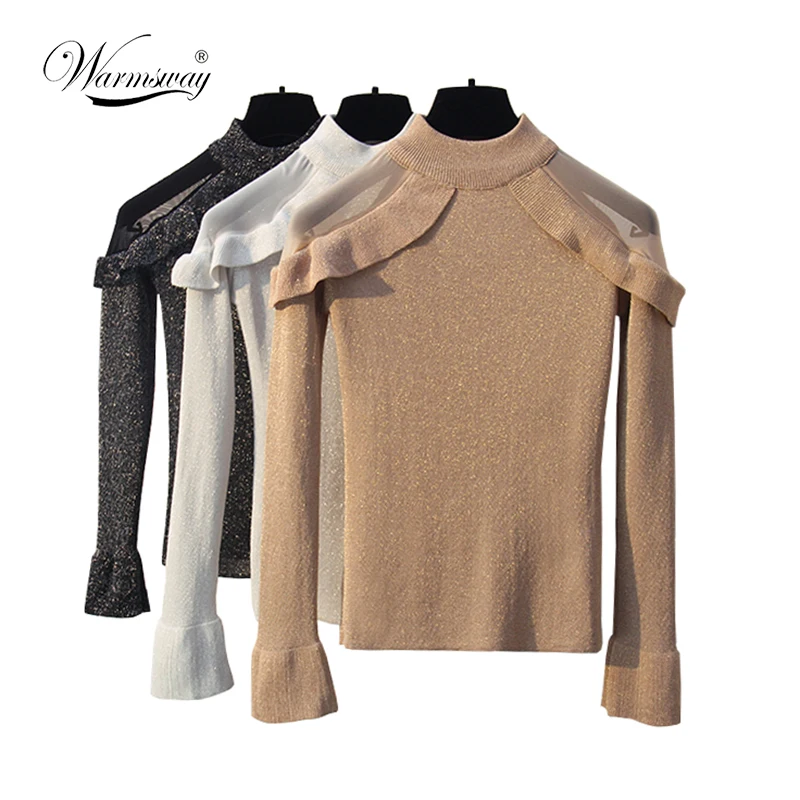 WARMSWAY 2018 Spring Casual tops Long sleeve Shinny Chic women sweaters and pullovers black & beige Lurex knitwear  WS-078