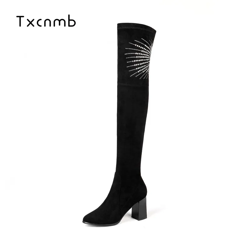 

Salu elegant square high boots cow suede leather women boots thick high heel ladies shoes knee-high boots black