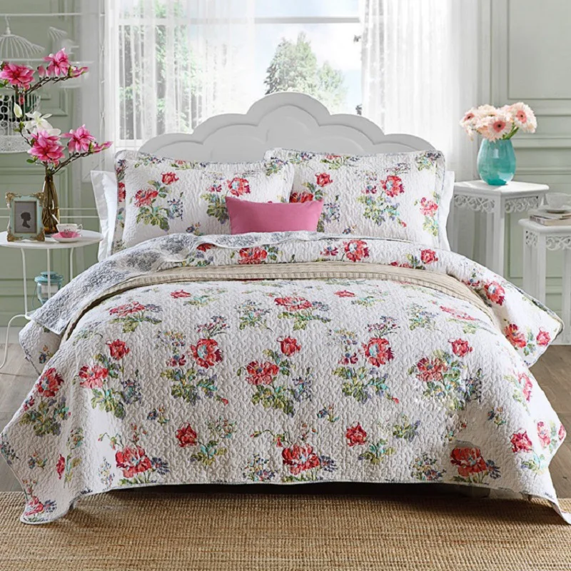 

CHAUSUB Rose Print Quilt Set 3-piece Cotton Quilts Quilted Bedspread Bed Cover Sheets Pillow Case King Queen Size Coverlets