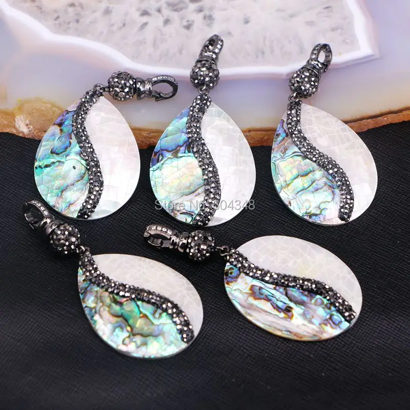 

5PCS Rhinestone Sea Shell, Mother of Pearl Drop Pendant, Rainbow Shell Jewelry Charm Pendant