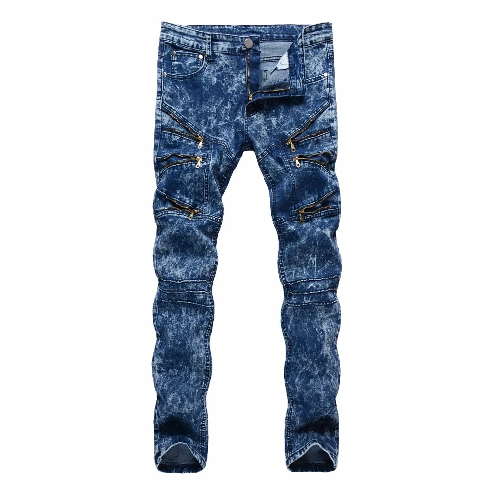 

Top quality 2019 Fashion Casual slim fit Multi Zipper nightclub hip hop dance street straight blue snow men's trousers men jeans