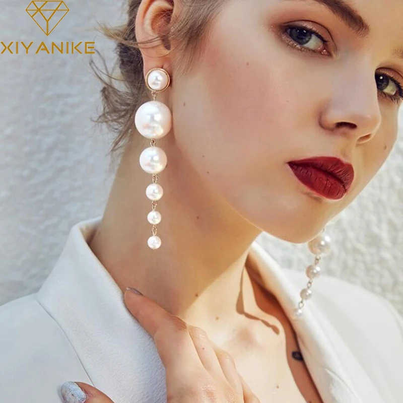 Модные модные элегантные большие длинные серьги XIYANIKE с искусственным жемчугом