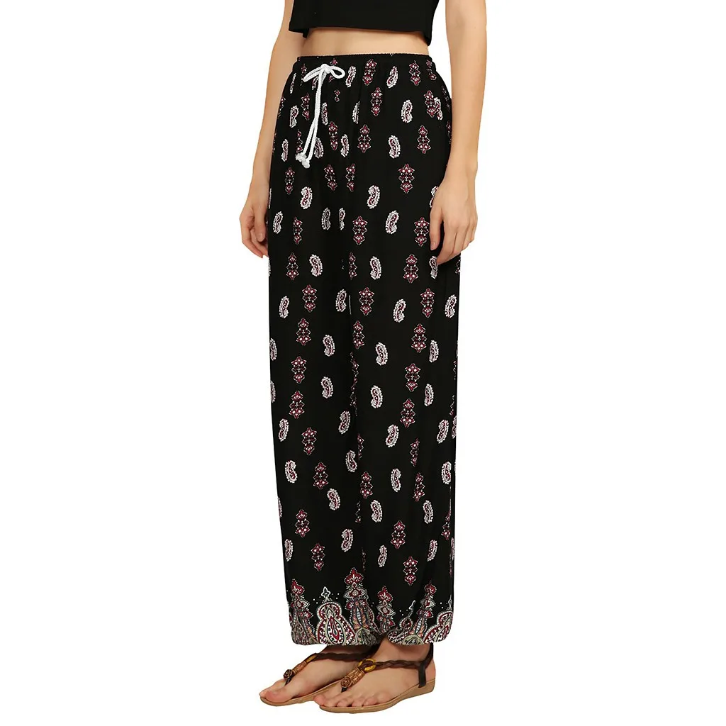 

Pants Women Striped Print Casual Leggings Ankle-Length Pants Ladies Wide Leg Pants Drawstring Straight Trousers c0609