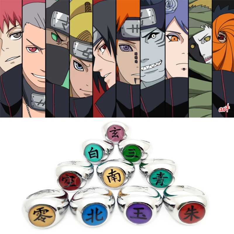 

10style Anime Naruto Cosplay Rings Akatsuki Sasori Itachi Uchiha Hidan Deidara Pein Konan Orochimaru accessories Prop HOKAGE