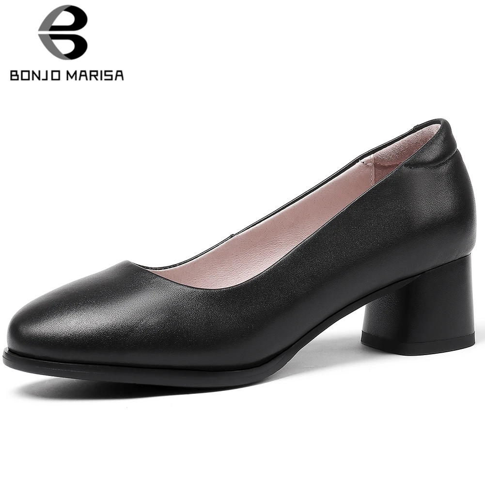 

BONJOMARISA Fashion New 2019 Genuine Leather Chunky Heels Black Pumps Woman Shoes Slip On Hot Lady Shoes Woman Pumps