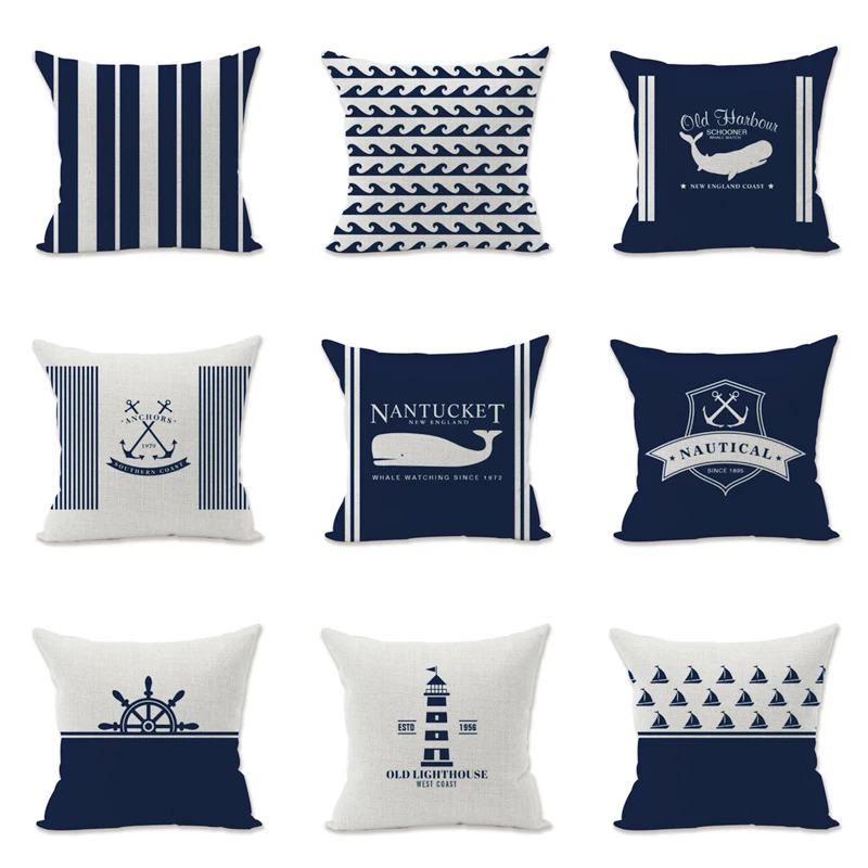 

2019 New Modern And Simple Cushion Cover Cotton Linen Geometric patterns Anchor Whale Home Decorative Pillows Cover for Sofa Car