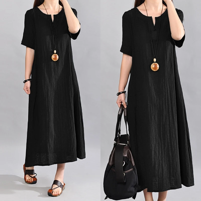 S-5XL Celmia Women Vintage Linen Dress 2019 Summer V Neck Short Sleeve Solid Pockets Casual Loose Midi Dress Oversized Vestidos