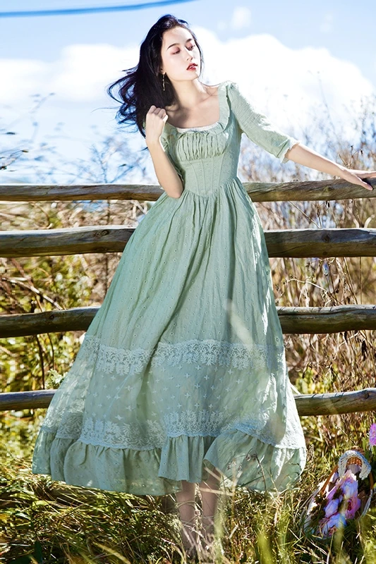 

Freeship light green lace emboridery square collar vintage medieval long dress