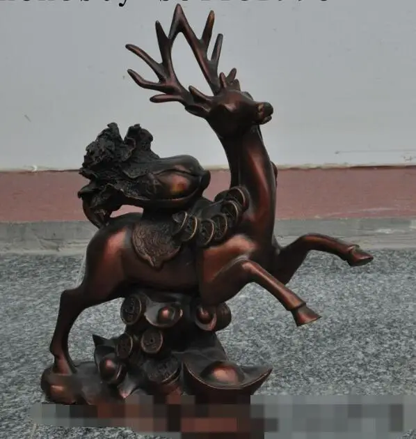 

song voge gem S6469 11" chinese fengshui Bronze Wealth YuanBao Coin Run Deer Carry Cabbage Statue