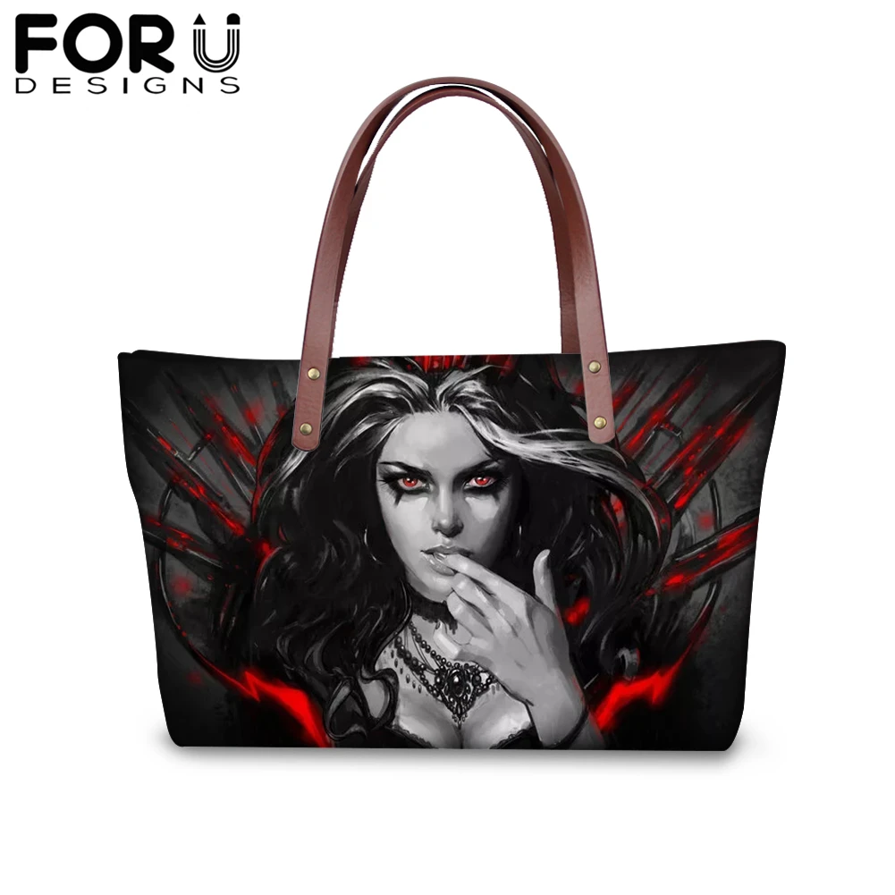 

FORUDESIGNS Cool Gothic Girl Printing Tote Handbags for Women Dark Art Shopping Shoulder Bag Ladies Femme Large Capacity Purse