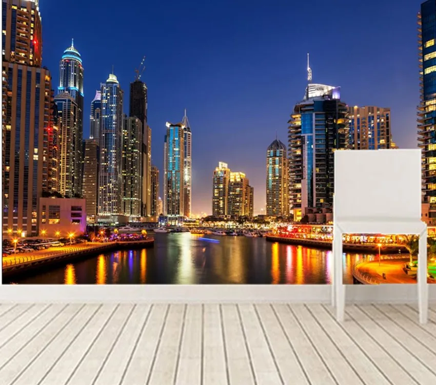 

Custom 3D murals.Dubai skyscraper rivers night city modern wallpaper design,living room sofa tv wall bedroom papel de parede