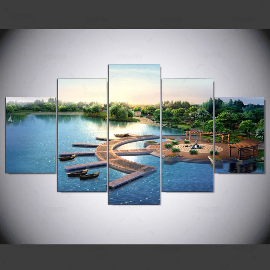 5 panel Modern Moore natural lakes boats docks hd Art print canvas art