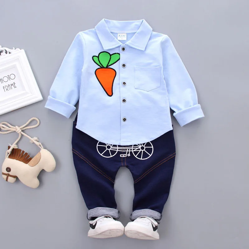 

2018 Spring Autumn Fshion Baby Boys Dress Cotton Clothes Sets Radish Lapel Shirt Pants 2 Pcs Infant Kids Casual Suits