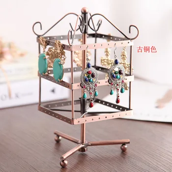 

3 Layers 96 Holes Metal Jewelry Display Shelf 360 Degree Rotatting Earring Storage Rack Jewelry Organizer Square Type