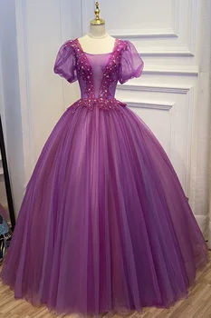 

100%real purple beading embroidery lace bubble sleeve ball gown medieval dress Renaissance gown Si princess Victoria Belle Ball