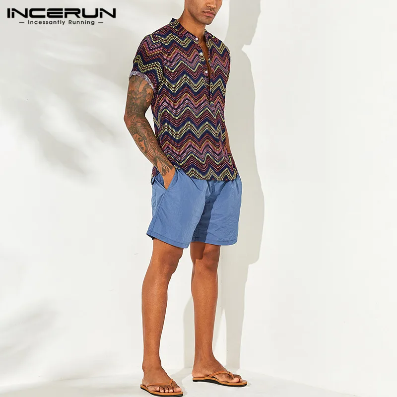 INCERUN Print Men Hawaiian Shirt Stand Collar Camisa Short Sleeve Button Up Tops Vintage Casual Shirts Men Streetwear S-5XL