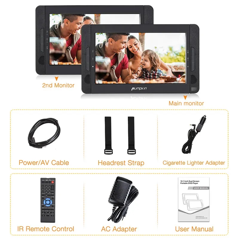 Pumpkin 10 1 ''портативный автомобильный подголовник dvd плеер HD двойной экран