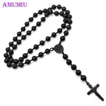 

AMUMIU 8mm,60cm men rosary beads necklace Stainless steel Black/Gold/Steel Color Religion of Jesus,women cross jewelry N016