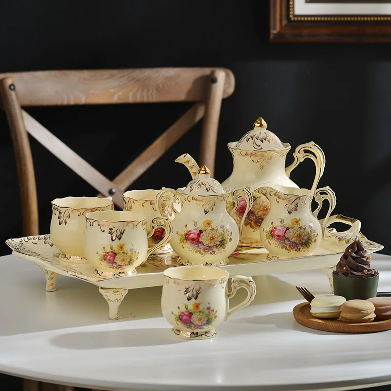 Европейский стиль, фарфоровая чайная посуда цвета слоновой кости, чайный поднос, керамический чайный горшок, молочный кувшин для сахара, свадебные подарки