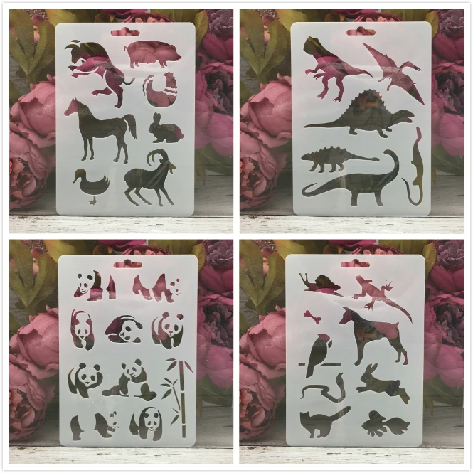 

4Pcs/Set 17.8*12.7cm Panda Dinosaur Animals DIY Layering Stencils Painting Scrapbook Coloring Embossing Album Decor Template
