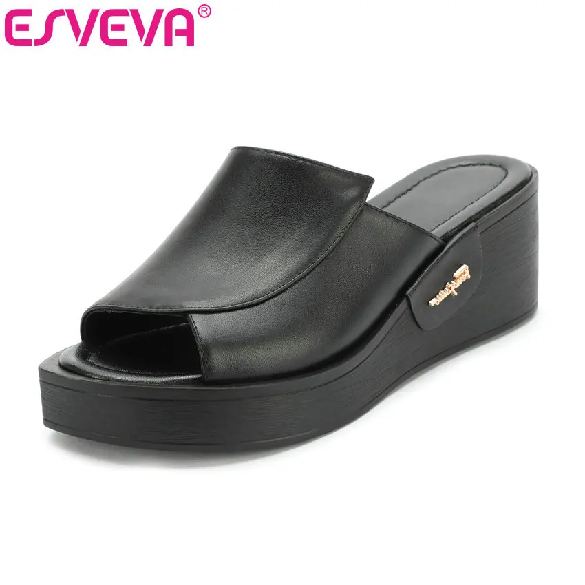 

ESVEVA 2019 Women Sandals PU Leather Comfortable Wedge High Heel Round Toe Summer Fashion Woman Shoes Size 34-43