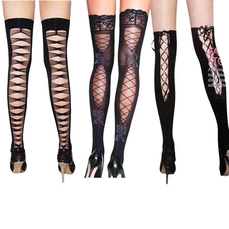 Women's Sexy Over Knee Socks Lace Straps Female Girls Sexy Party Stockings Cross Straps Black Stocking Clubwear Nightclub SW027