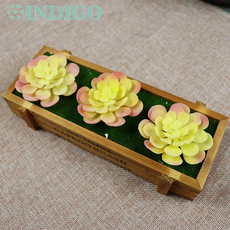 

INDIGO (3 Plants+1Tray /set ) Bonsai Yellow Lotus Artificial Succulent Plant Plastic Flower Table DecorationFree Shipping