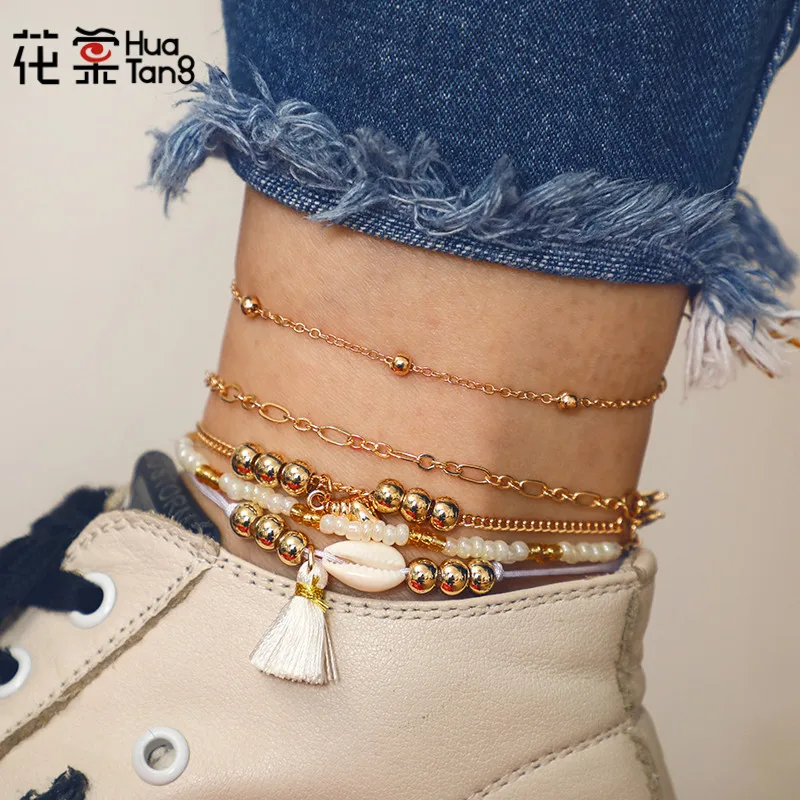 

HuaTang Bohemian Layered Gold Chain Anklets for Women Geometric Shell Short Tassel Foot Chain Anklet Jewelry for Women 6785