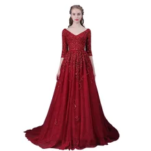 2016 neue V-ausschnitt Luxus Appliques Perlen Kapelle Zug Lange Ballkleid Elegante Halbarm Spitze Abendkleider