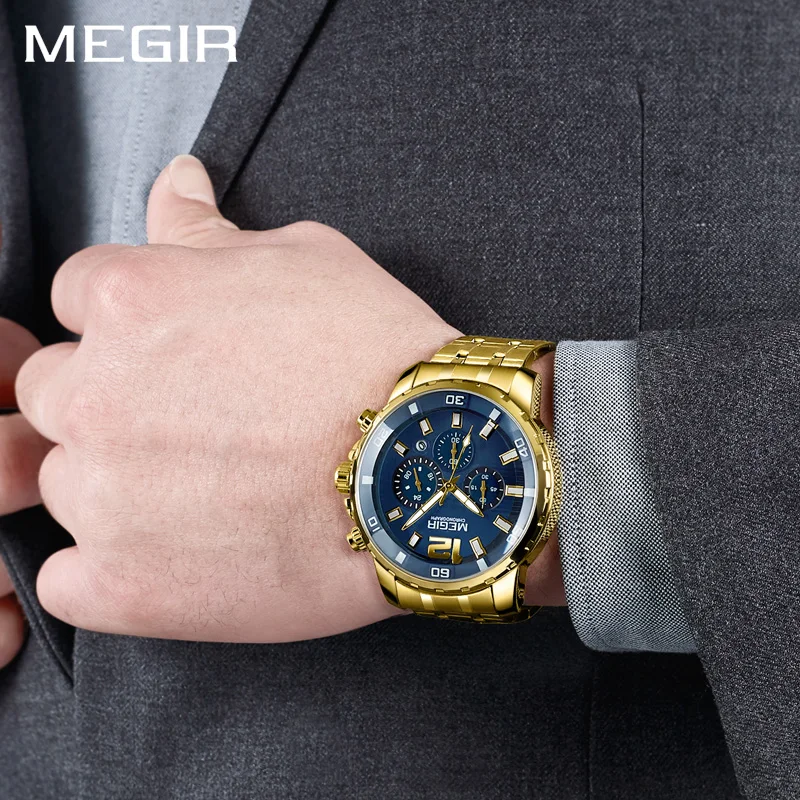 

Relogio Masculion MEGIR Men Top Luxury Brand Military Sport Watch Men's Quartz Clock Male Full Steel Casual Business Gold Watch