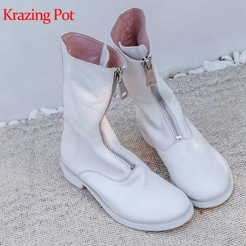 

Krazing Pot full grain leather square heels basic boots style keep warm round toe front zipper beauty lady mid-calf boots L87