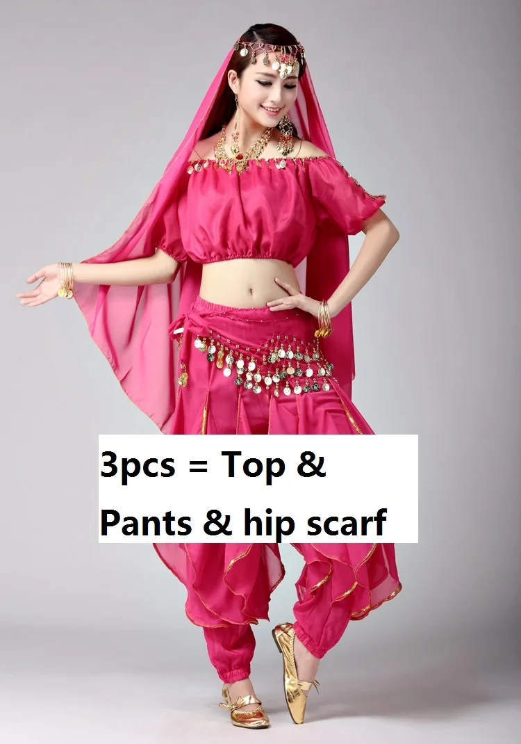 Сари индийская Одежда Для Болливуда костюмы для танца живота женский взрослый костюм для танца живота Профессиональный топ брюки Египетский - Цвет: hotpink3pcs