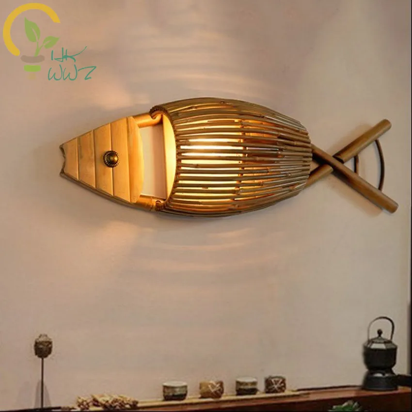 

Countryside Chinese Style Handmade Bamboo Weaving Fish Shape Wall Lamp Personality Restaurant Caf Decorative Wall Lights