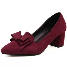 2016 new high-heeled shoes suede spring bow shoes with pointed shallow mouth rough work shoe female big size shoes 40-41
