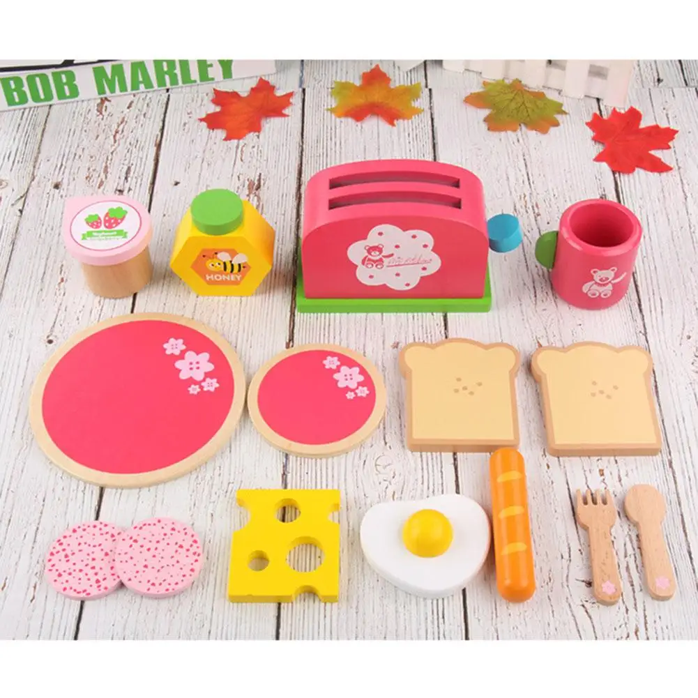 

Wooden Bread Machine Toy Set Simulation Breakfast Toy Combination With Cute Dishes And Spoons Tea Set Milk And Fruits Model