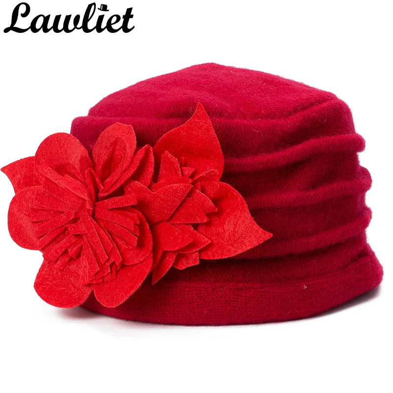 Lawliet Для женщин Шапки чистой шерсти зимняя Кепки две валяные Цветы Леди шапочки вязаная Клош церкви фетровых Женский капот Шапки кепки
