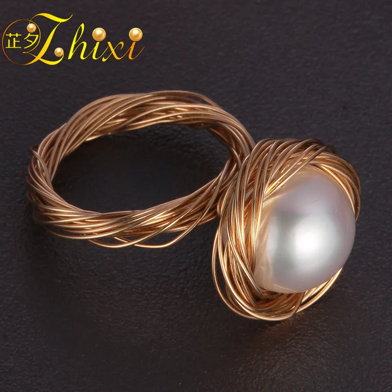 

ZHIXI Freshwater Pearl Ring Fine Jewelry Big Rings For Women Near Round White Pearl Ring 2018 Birthday Gift EB88J