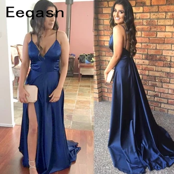 

2020 Prom Dresses With Side Split Spaghetti Sleeves Zipper Back Formal Arabic Celebrity Party Gowns A-Line Customized