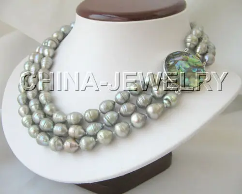 

shipping>>>> Beautiful 3row 13mm gray baroque freshwater pearl necklace-abalone shell clasp