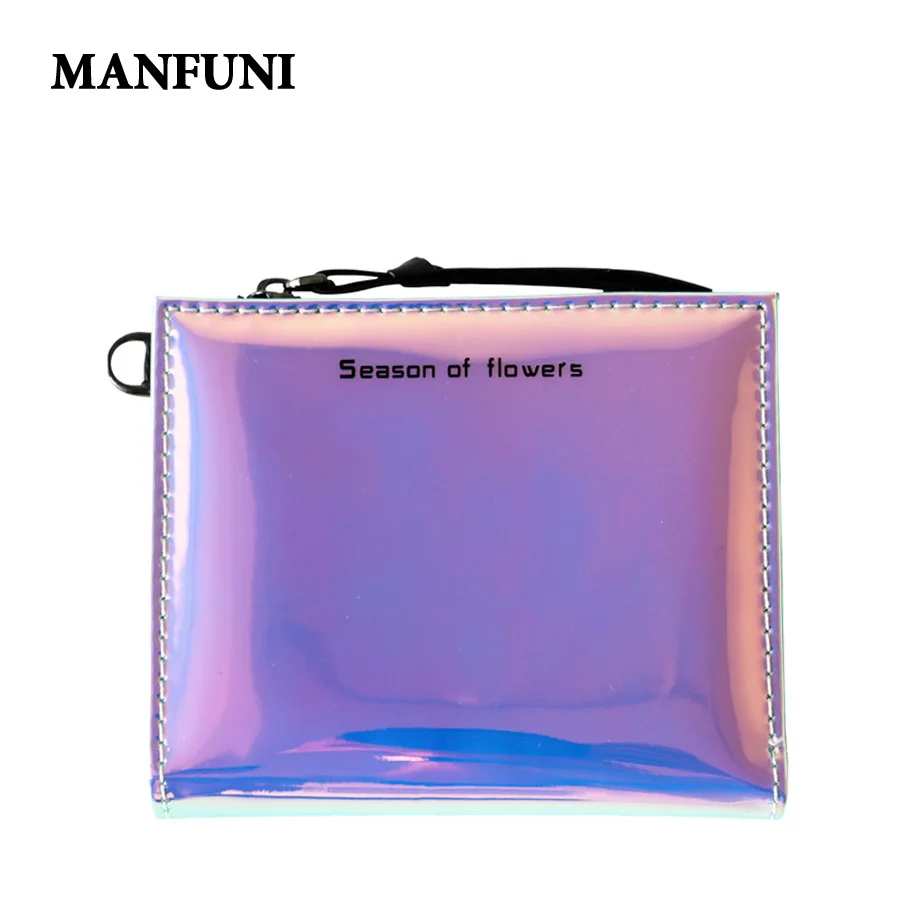 

MANFUNILaser PVC Short Wallet Female Folding Multi-function 2019 New Student Wallet Women Fashion Zipper with Lanyard purse