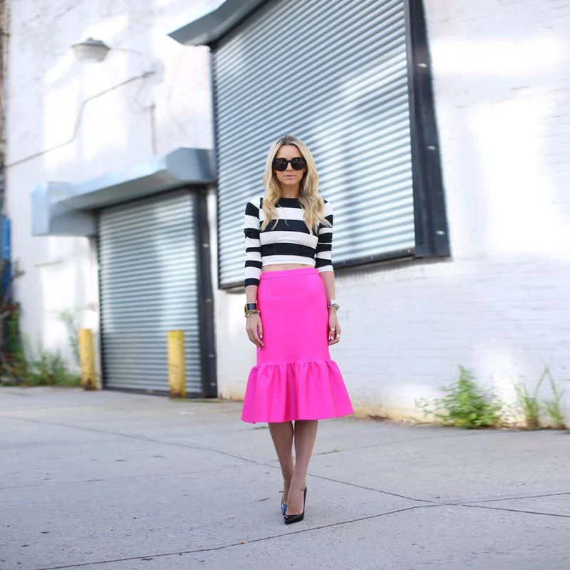 

Personalized Women Skirt Mid-Calf Unique Ruched Fashion Lolita Midi Skirt 2017 Hot Pink Zipper Style Saia Longa Custom Made
