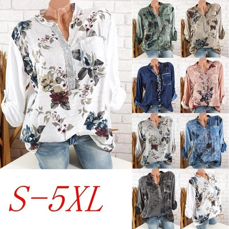women fashion Long sleeve V-neck print casual shirt Vintage button top Tops
