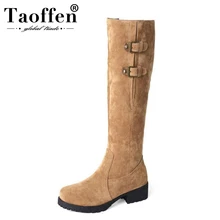 TAOFFEN/обувь больших размеров 33-44 женские зимние сапоги до колена ботинки на высоком каблуке с металлической пряжкой плотные Меховые Туфли зимние высокие сапоги женская обувь