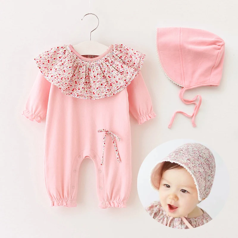 New Fall Baby Girl Cotton Jumpsuit Rompe Overall with Cap Floral Collar