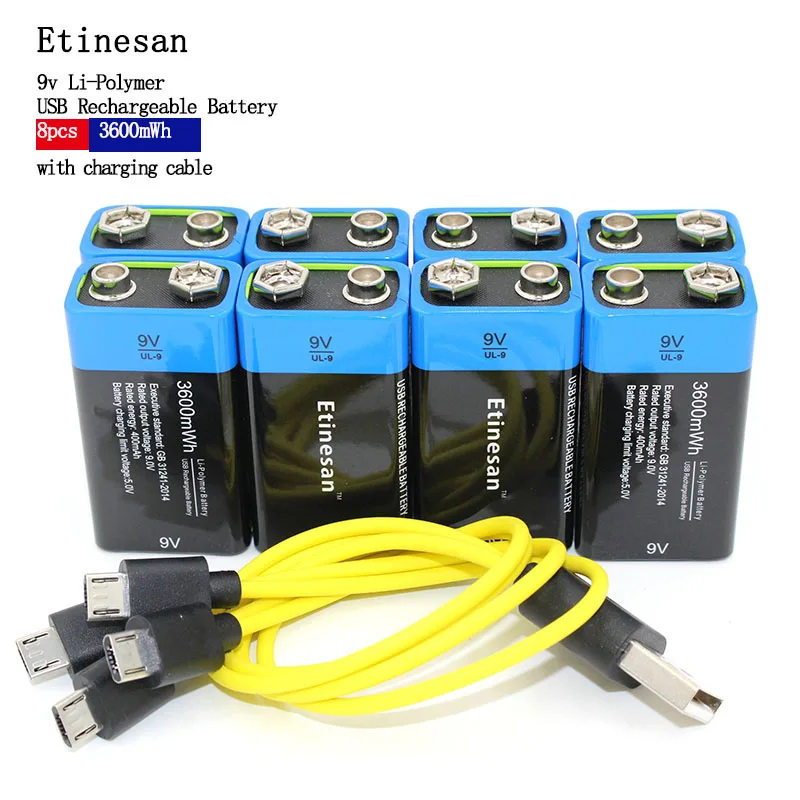 

ETINESAN 8pcs 9V 3600MWH li-ion li-polymer lithium rechargeable battery for camera toy ,robot ect battery + USB charging cable