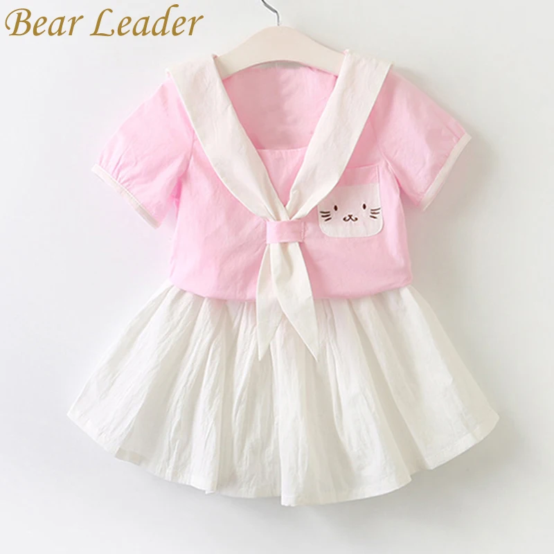 

Bear Leader Girls Dress 2018 New Summer Children Clothing Cartoon Cat Dress Embroidery Set Sailor Collar Dress Kids Clothes Suit